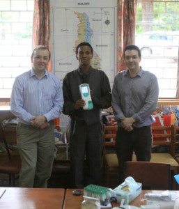 Training workshop for NTproBNP (Roche Diagnostics) point of care device in Mzuzu University. Pictured (l-r): Dr. Joe Gallagher (UCD), Dr. Mike Zulu (Dean and Head of Health Science, Mzuzu University Malawi), Dr. Chris Watson (UCD)