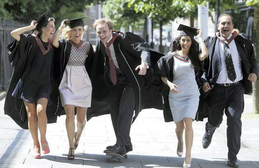 Graduates (from left) Ciara Nolan from Mount Merrion, Elaine Houlihan from Kildare, Michael Flanagan from Sandymount, Nasayem Alquraini and Elias Chamely from Trinidad. 