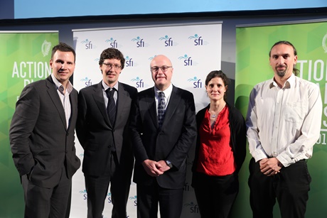 Pictured at the announcement are (l-r) Professor David Henshall, Dr Gianpiero Cavalleri, Professor Mark Ferguson (Director General of SFI and Chief Scientific Advisor to the Irish Government) Dr Eva Jimenez Mateos and Dr Tobias Engel