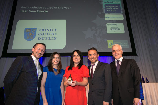 MSc in Translational Oncology course committee accepting their award for best new course 2014. From left to right: Gradireland Commercial Manager Gavan O’Brien, Course co-ordinator Dr. Joanne Lysaght, Course co-ordinator Dr. Jacintha O’Sullivan, Course Director Dr. Graham Pidgeon and VP of operations at Boston Scientific, Tom Mangan. 