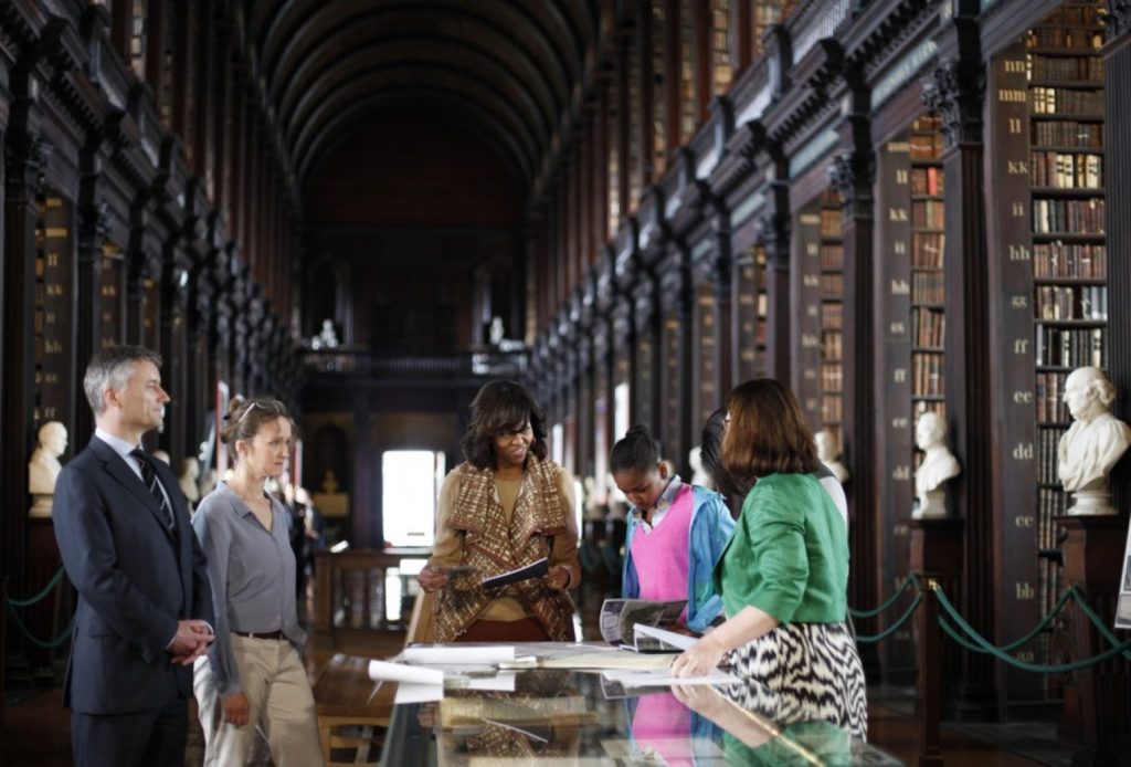 The Obamas touring Old Library at Trinity College on Monday